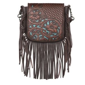 Montana West Genuine Leather Floral Tooled Fringe Crossbody